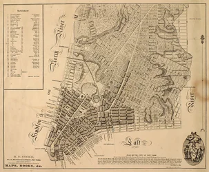 Plan over byen New York [så langt nordpå som East 31st Street], 1817 (sort blæk på papir, bagbeklædt med stof)