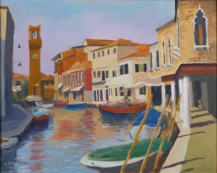 Burano Clocktower, 2000 (olie om bord)
