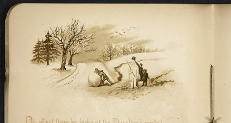 Børn og en snemand. Ferietoget: en sang af "Dulce Domum" ... Illustreret af W. J. Webb.  Frederik Langbridge  London, 1891