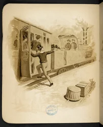 At komme på et damptog.  Ferietoget: en sang af "Dulce Domum" ... Illustreret af W. J. Webb.  Frederik Langbridge  London, 1891