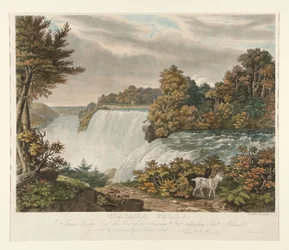 Niagaravandfaldene. Til Thomas Dixon Esq. er denne udsigt over American Fall, set fra Goat Island, ærbødigt tilegnet