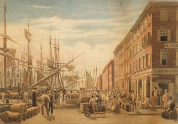 Udsigt over South Street, fra Maiden Lane, New York City, ca. 1827.