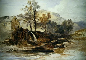 En vandmølle i det nordlige Wales (akvarel på papir)