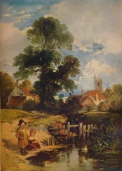 Flodscene med børn De unge lystfiskere, 1843