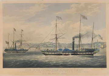 Skibe fra General Steam Navigation Company. Caledonia på 800 tons forlader Hamborg - Neptun på 800 tons sejler ind i Elben på vej til Hamborg med Hendes Majestæts post.