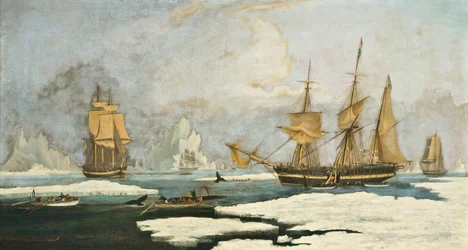 The Northern Whale Fishery: Skibet Harmony of Hull og andre isbundne hvalfangere, jagt sæler, narhvaler og hvaler på hvalfangerpladsen ved Davis Strædet ud for Grønland