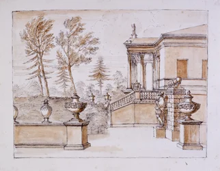 Chiswick, udsigt over villaen på Inigo Jones statue side (pen & blæk og vask over blyant på papir)