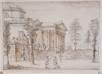 Chiswick, udsigt over villaen fra Palladio-statuens side (pen & blæk og vask over blyant på papir)