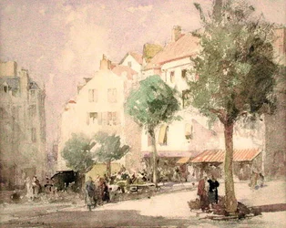 A Continental Town Square (akvarel over blyant på papir)