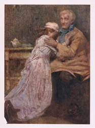 Og efterlod en elskers for hendes fars arme (farve litho)
