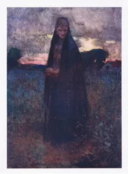Hun kun tilbage af alt harløst tog, den triste historiker af den eftertænksomme slette (farve litho)