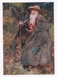 Den længe huskede tigger var hans gæst, hvis skæg, der faldt ned, fejede hans gamle bryst (farve litho)