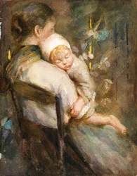 Ung mor med et barn, der sover i skødet (akvarel på papir)
