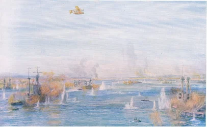 Bombarding the Narrows, 18. marts 1915, fra Cassells History of the British People udgivet af Waverley Book Company Limited, ca. 1940