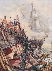 Lemlæstet, men ubesejret: Belleisle ved Trafalgar den 21. oktober 1805, illustration fra «British Battles on Land and Sea», udgivet af Cassell, London, ca. 1910