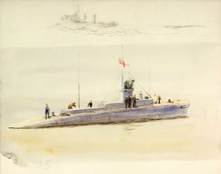 Ubåd J.5 og grovskitse af et andet kampskib, begyndelsen af det 20. århundrede (akvarel, grafit)
