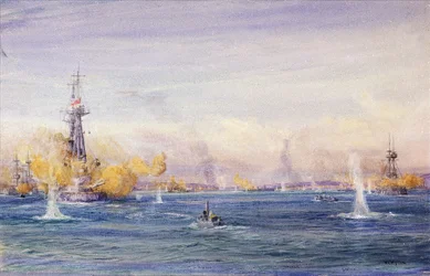 Slaget ved Dardanellerne (1915) (Tyrkiet) under Gallipoli-kampagnen i Marmarahavet. Akvarel, ca. 1915 af William Lionel Wyllie (1851-1931).