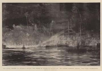Flådens gennemgang i Spithead foran Prinsen af Wales til ære for dronningens diamantjubilæum, flåden er illumineret
