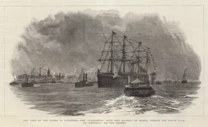 Dronningens besøg i Liverpool, Claughton, med Hendes Majestæt ombord, forbi White Star SS Republic på Mersey