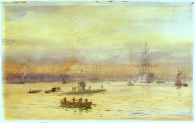 Dette billede viser havnen på Gosport-siden, hvor en ubåd er på vej ind, med en anden foran sig.