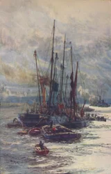 Lossning af kul i pramme, 1910