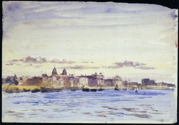 Udsigt over Royal Naval College i Greenwich (England) på Themsen ved solnedgang, set fra Blackwall (modsatte bred). Akvarel, begyndelsen af det 20. århundrede, af William Lionel Wyllie (1851-1931).
