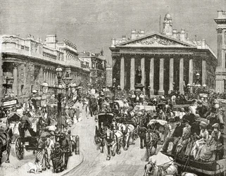 Bank of England og Royal Exchange i det nittende århundrede, fra «London Pictures: Drawn with Pen and Pencil», af pastor Richard Lovett, udgivet 1890