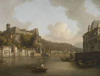 Fransk: Une vue du château de Pierre-Scize à Lyon En udsigt over Pierre Encise-slottet ved Rhône, Lyon