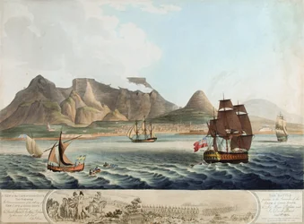 Udsigt over Kap det Gode Håb...Slaget forud for overgivelsen...8. januar 1806 (farvet akvatint)