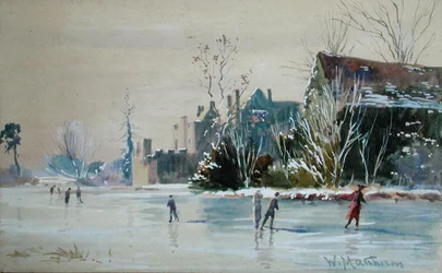 Skøjteløb på Broughton Castle (akvarel og kropsfarve på papir)