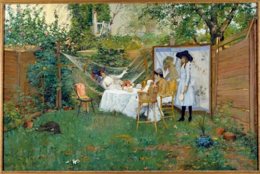 Morgenmad udendørs omkring 1888 Unge kvinder i en have, en af hende er i en hængekøje. Maleri af William Merritt Chase (1849-1916) 1888 Toledo. Kunstmuseet