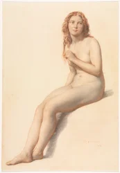 Nøgen kvinde, siddende, 3/4 set forfra, 1859.
