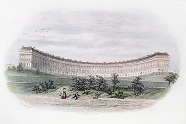 Royal Crescent, Bath, set fra parken, graveret af J. Shury, ca. 1840