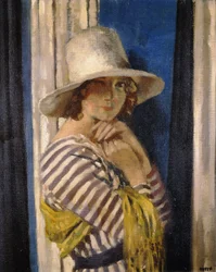 Fru Hone i en stribet kjole, ca. 1912