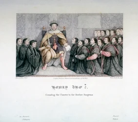 Henry VIII, der giver charteret til Barber Surgeons, 1500-tallet, 1817.