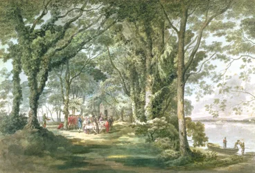 Landskab med figurer ved et udendørs måltid, 1760-1782