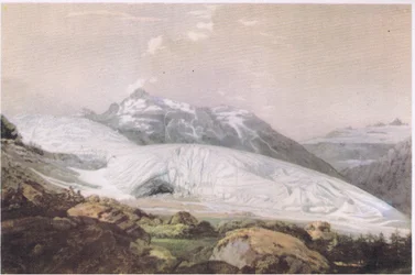 Udsigt over Mount Furka med Rhone-gletsjeren, fra British Adventure udgivet af Collins, 1947
