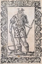 Mand med pelskjole, armbrøst og sko med snoet spids (eksempel på rudimentære ski), illustration tilskrevet Cesare Vecellio (1521-1601), udgivet i Italien i 1500-tallet