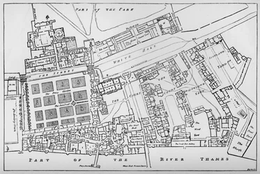 En reduceret kopi af Fishers grundplan for Royal Palace of Whitehall, taget i Reign of Char