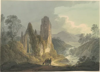 Et ødelagt kloster ved et vandfald