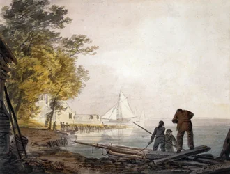 Cowes Castle med bådmænd på kysten (akvarel)