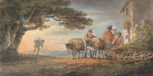 Chauffører og Burros hviler ved solnedgang