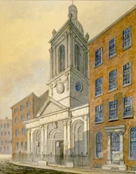 Nordøst udsigt over Church of St Peter-le-Poer og Old Broad Street, City of London, 1815