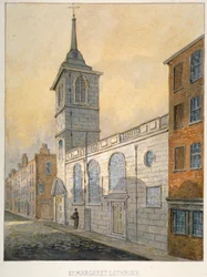 Sydøst udsigt over Church of St Margaret Lothbury, City of London, 1815.