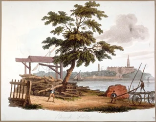 Men moving timber at Bankside, Southwark, London, c1810