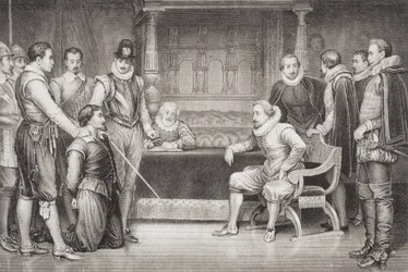 Guy Fawkes (1570-1606) forhørt af James I (1566-1625) og hans råd i kongens sengekammer, fra 