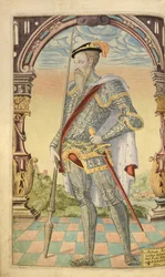 Alphonso XI, konge af Castilla og Leon, fra Honor Military, and Civil, William Segar, pub. Robert Barker, London, 1602 (håndfarvet gravering)
