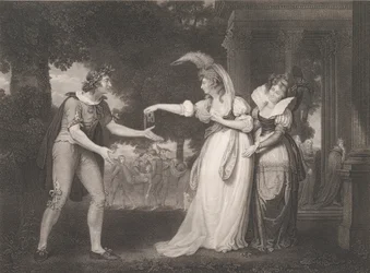 Før hertugens palads-Rosalind, Celia, Orlando, hertugen..., første gang udgivet 1800, genudgivet 1852.