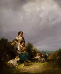 To unge kvinder og geder i et landskab, 1870.