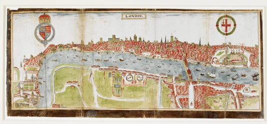 Sloane 2596, f.52 Udsigt over London fra syd, som viser Themsen, London Bridge og Tower
